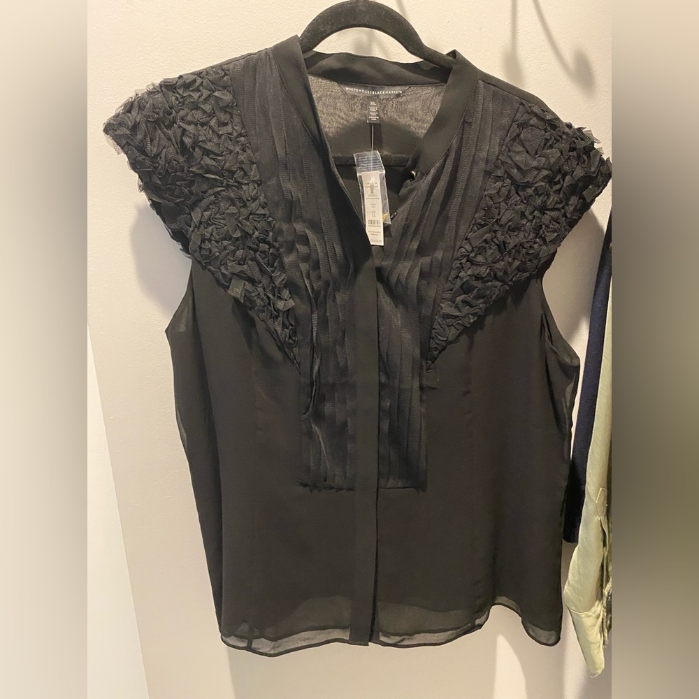 NWT White House Black Market Black Shirred Mesh Cap Sleeve Button Down Blouse